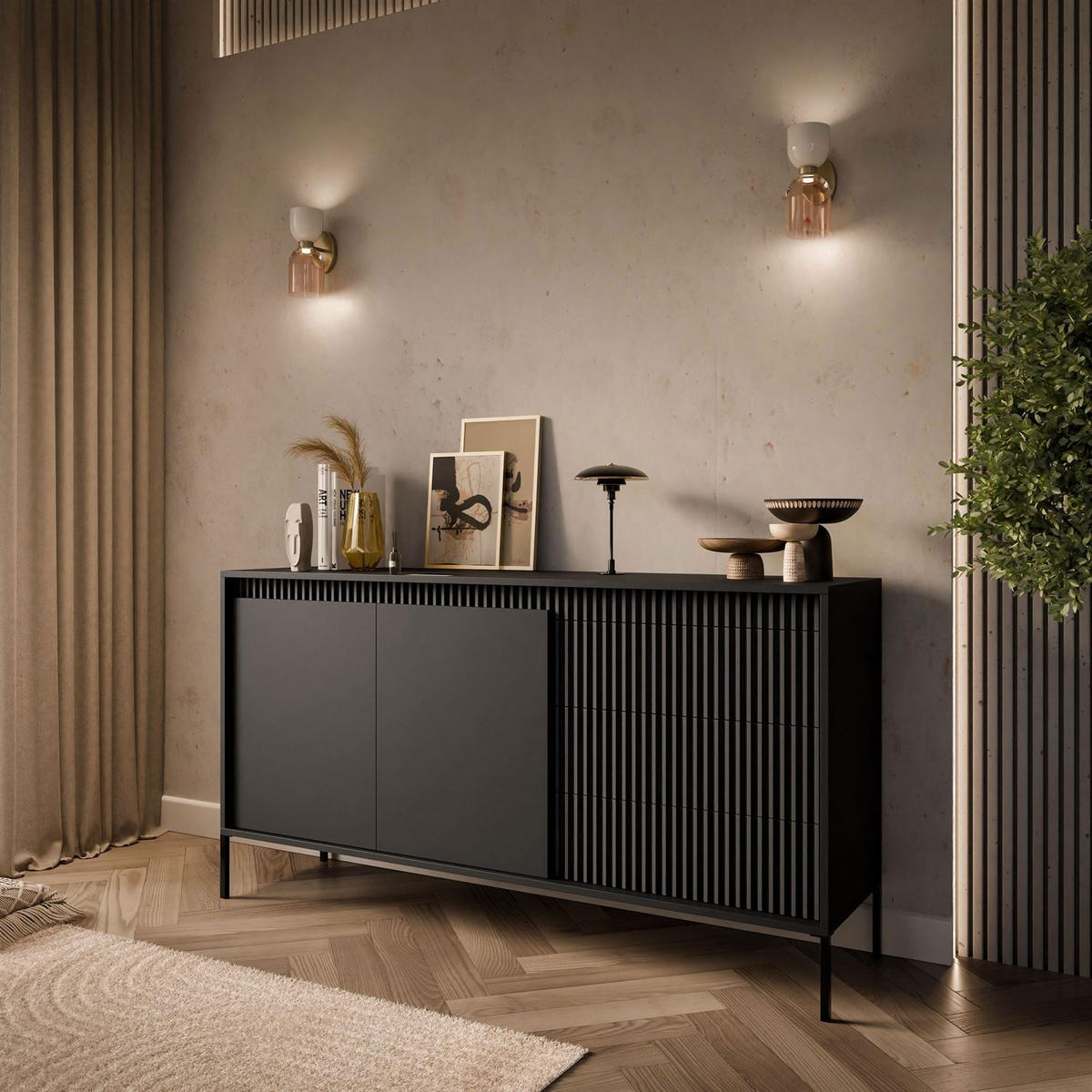 KOMMODE YASUMI 153 2D3S mit Schubladen schwarz matt - Schwarz, Holzwerkstoff (153.5/81.4/39.4cm) - Lookway