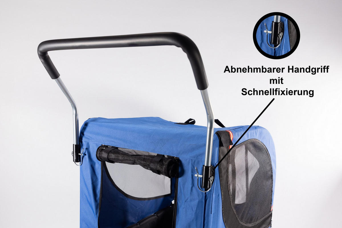 HUNDEANHÄNGER, Fahrradanhänger, 3in1, Hundebuggy, Jogger, Hundewagen, Bis 40kg, Klappbar, Für Fahrrad, Outdoor, Haustier, Transport, Reise, Faltbar - Blau/Schwarz, Metall (75/103/139cm) - Sena