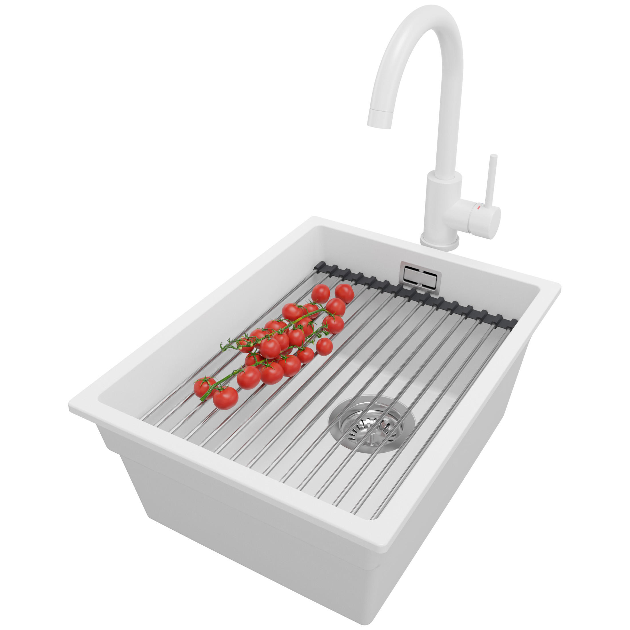 GRANITSPÜLE Praga Slim, 2-er set Weiß 36/47 cm 1 Becken + Küchenarmatur 32/20 cm + Ablauf-Set + Aufrollbare Abtropffläche ab 40er Unterschrank - Chromfarben/Weiß, Kunststoff (36/20/47cm) - Primagran