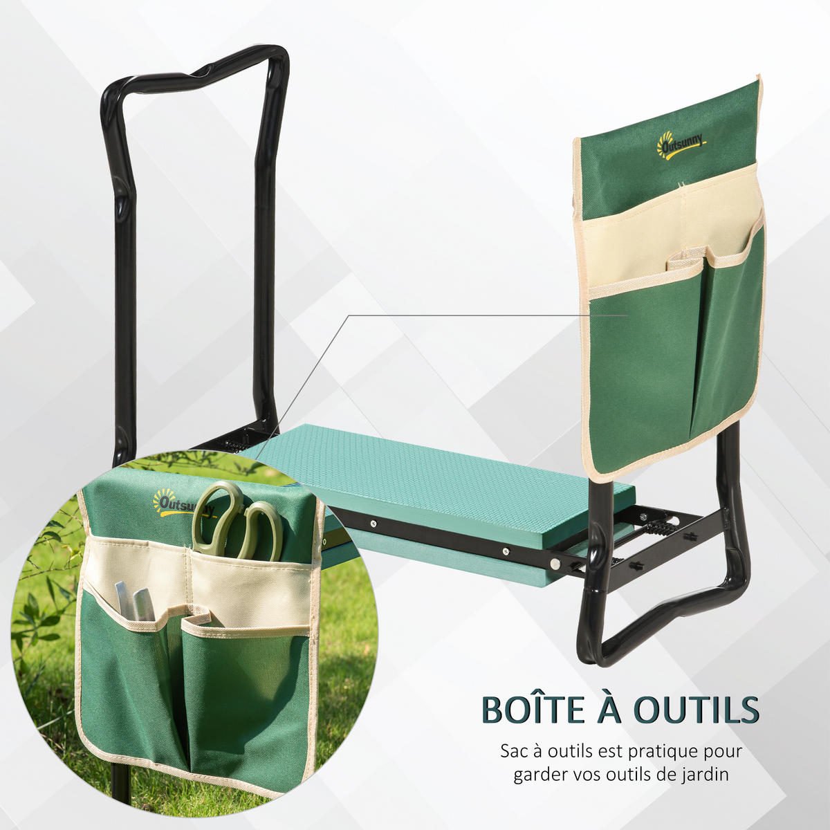KNIEBANK DE-13738 klappbar mit Kissen & Werkzeugtasche Grün - Grün, Metall (28/49/58cm) - ComfortXL