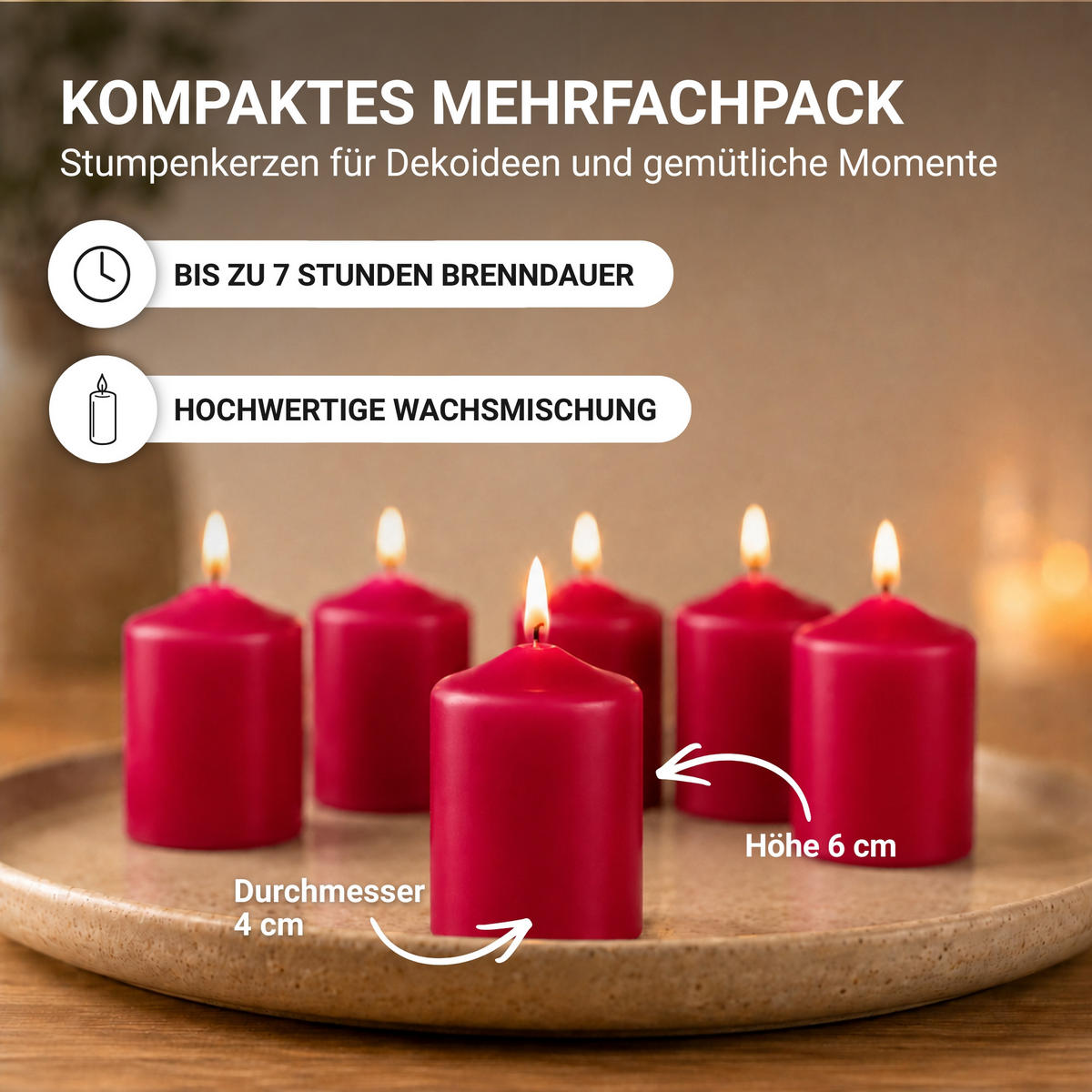 STUMPENKERZEN Ø4xH6 cm Rubinrot 12er-Pack - Dunkelrot, Naturmaterialien (4/6cm)