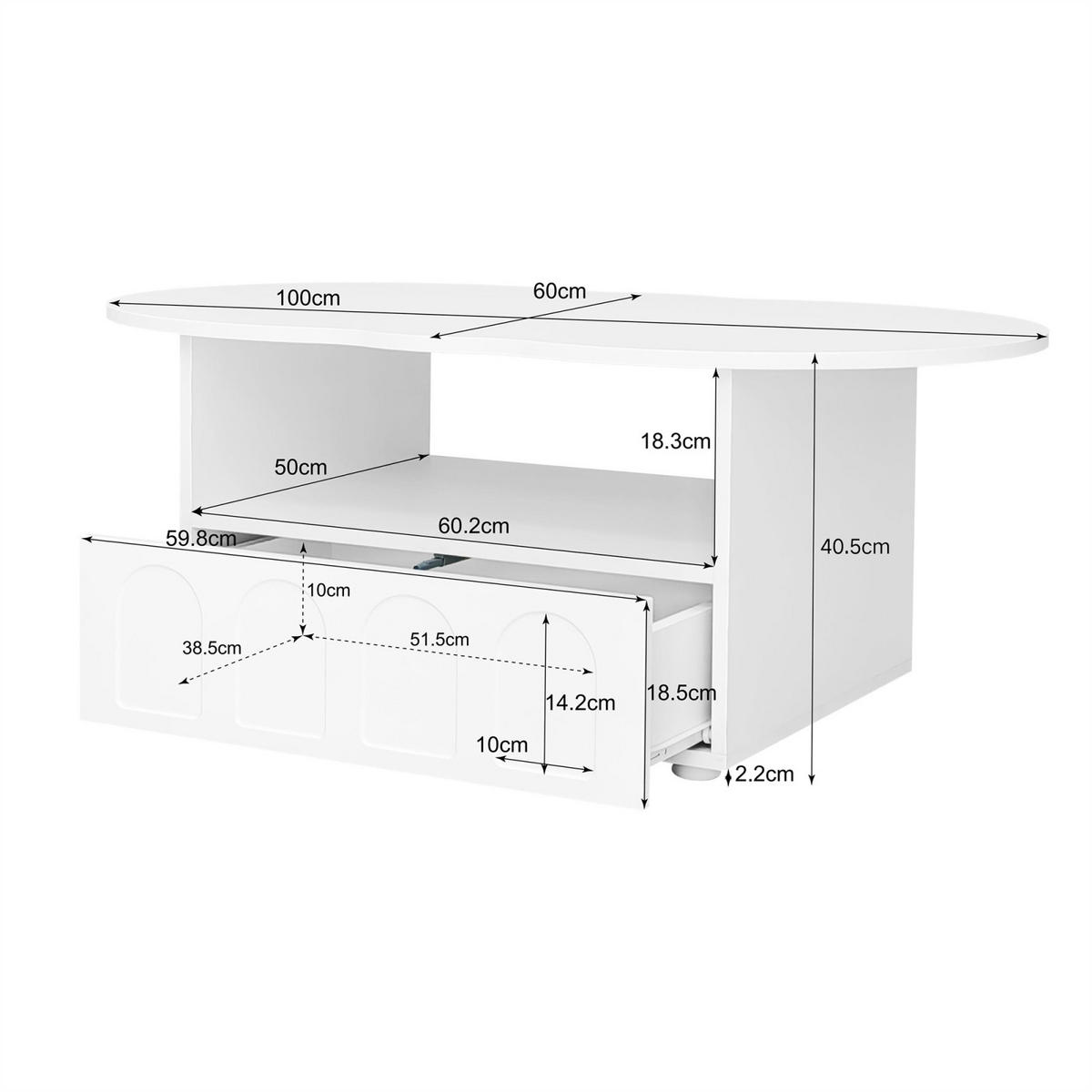 COUCHTISCH Weiß in Wolkenform mit Schubladen und Staufächern - Weiß, Metall (100/60/40cm)
