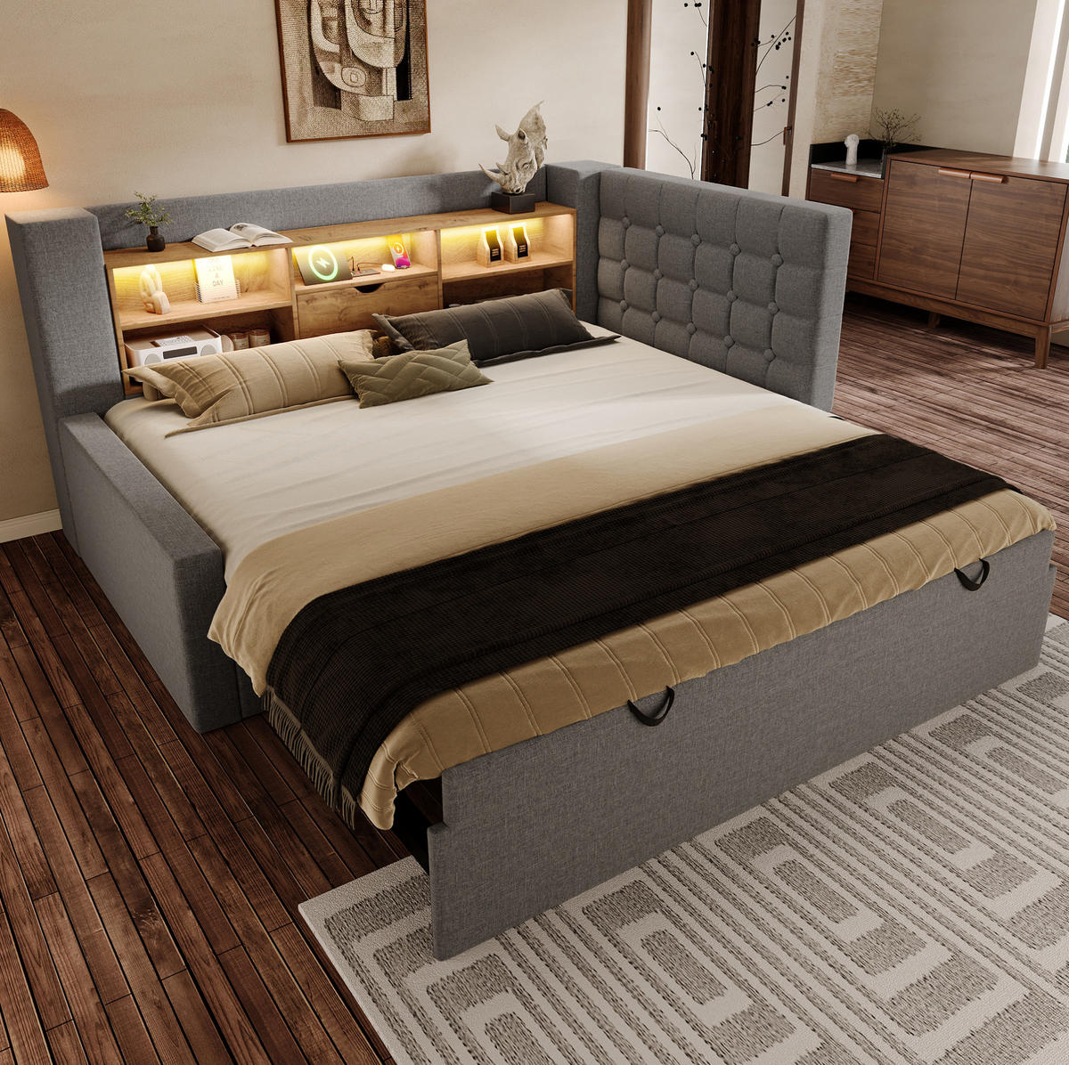 POLSTERBETT 90/200 cm mit Ausziehbett, LED-Beleuchtung, USB-Anschlüssen und Stauraum, Leinen/Metall, Grau - Grau, Textil (90/200cm) - Redom