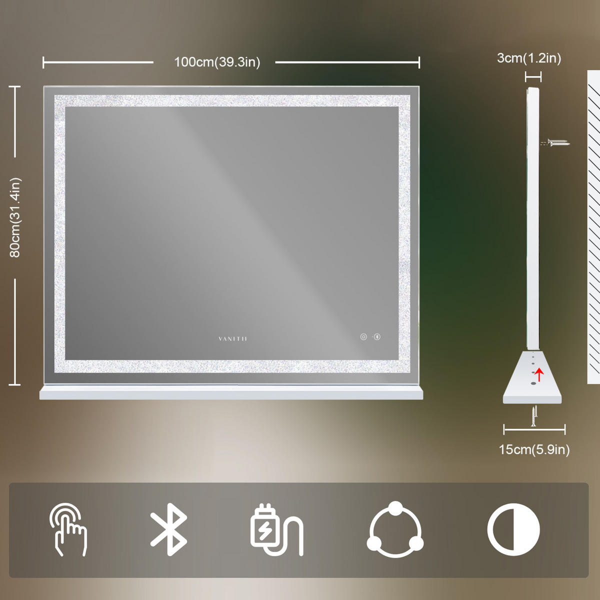 SCHMINKSPIEGEL mit LED Lichtleiste mit Diamant-Effekt und Bluetooth weiß 100/80 cm - Weiß, Metall (108/92/15cm) - VANITII