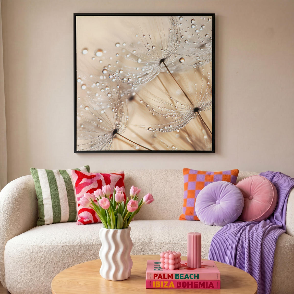 LEINWAND Bilder mit Rahmen - Löwenzahn - Abstrakt - Natur - Beige - 90x90 - Braun, Textil (90/90cm) - MuchoWow