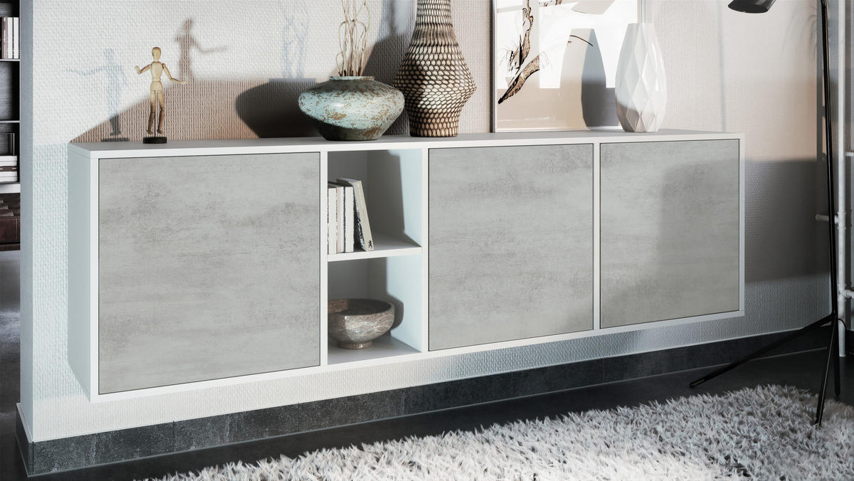 SIDEBOARD Cuba Türen in Beton Oxid Optik - Hellgrau, Holzwerkstoff (182/53/35cm) - Vladon