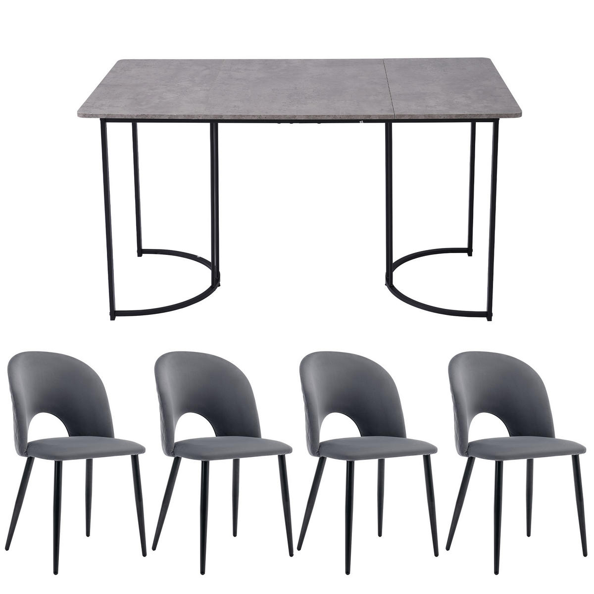 ESSGRUPPE Esstisch 4 Stühle MDF Grau Schwarz 140x80cm - Grau, Textil (140/75/80cm) - FLIEKS