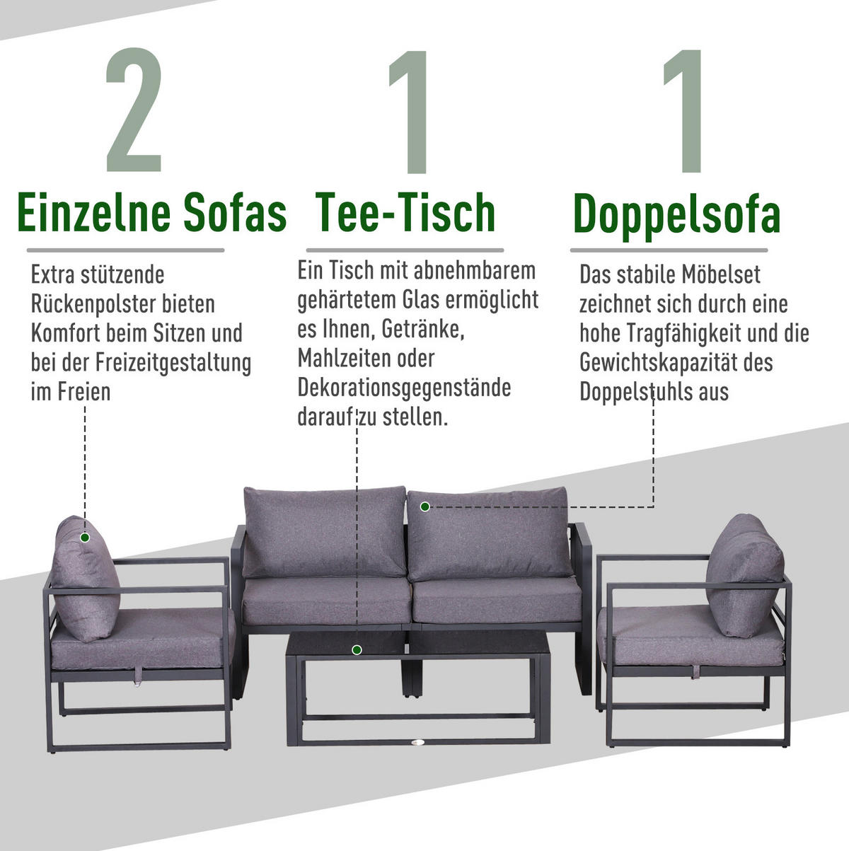 GARTENSET aus Aluminium 138x69x63 cm Grau mit verstellbarer Kombination und Tisch mit ESG-Glasplatte - Grau, Metall - Modfu