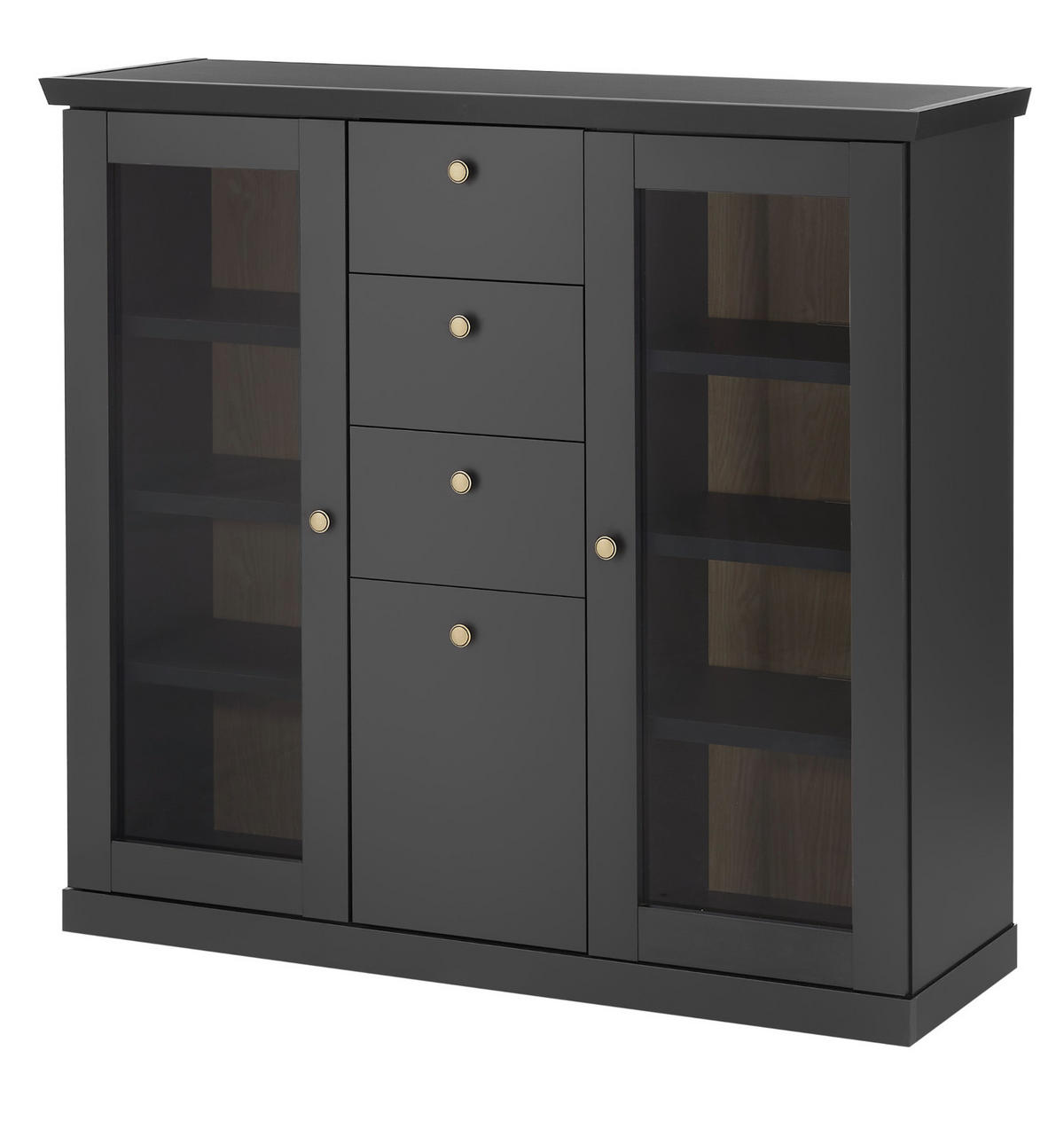 HIGHBOARD schwarz matt, Eiche 129 cm, Kommode Landhaus mit Soft-Close - Eichefarben/Messingfarben, Glas/Holzwerkstoff (129/117/42cm) - Furn.Design