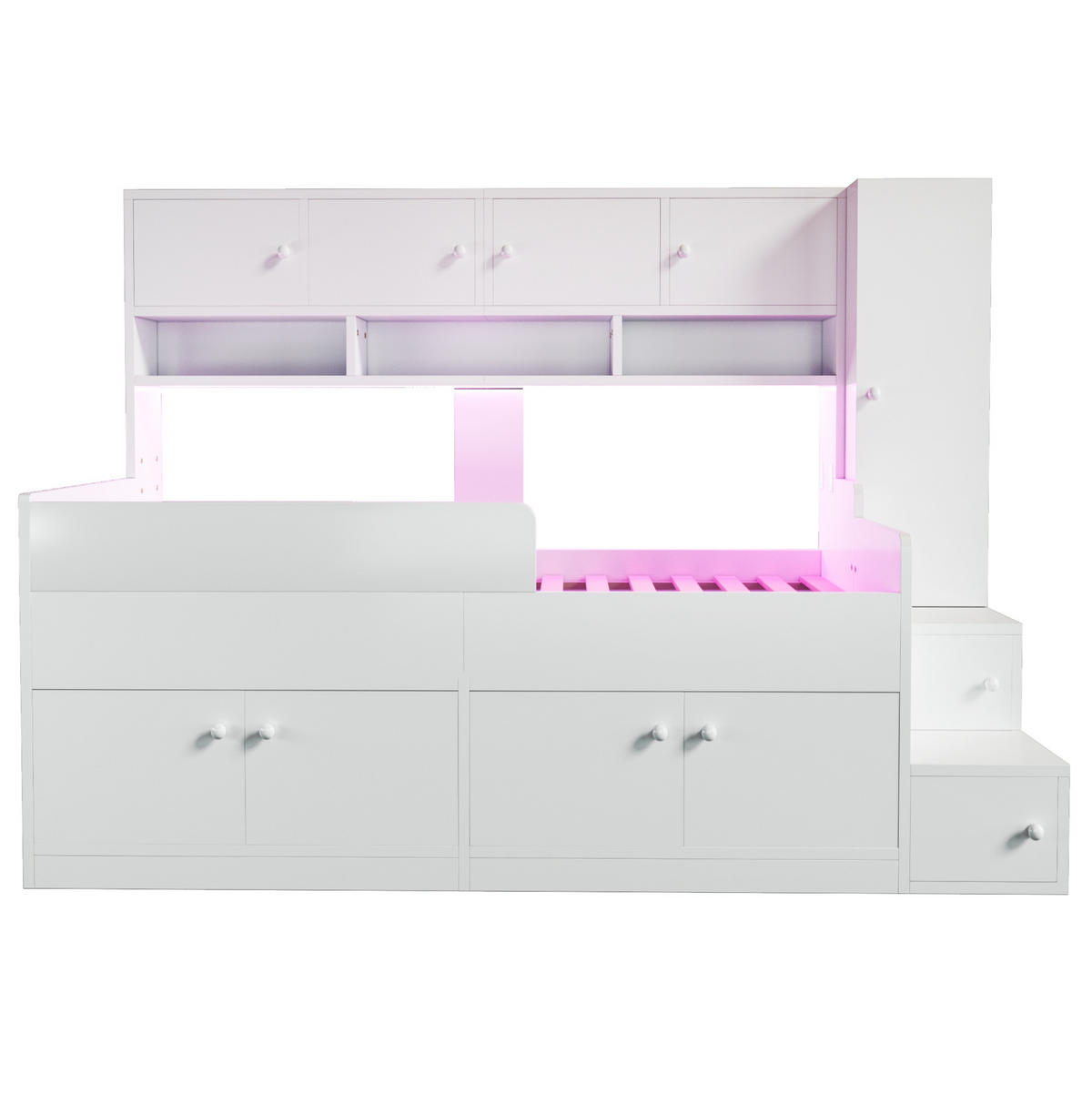 KINDERBETT 90/200 cm weiß aus Holz mit Stauraum, Schrank und LED - Weiß, Holzwerkstoff (90/200cm) - OKWISH