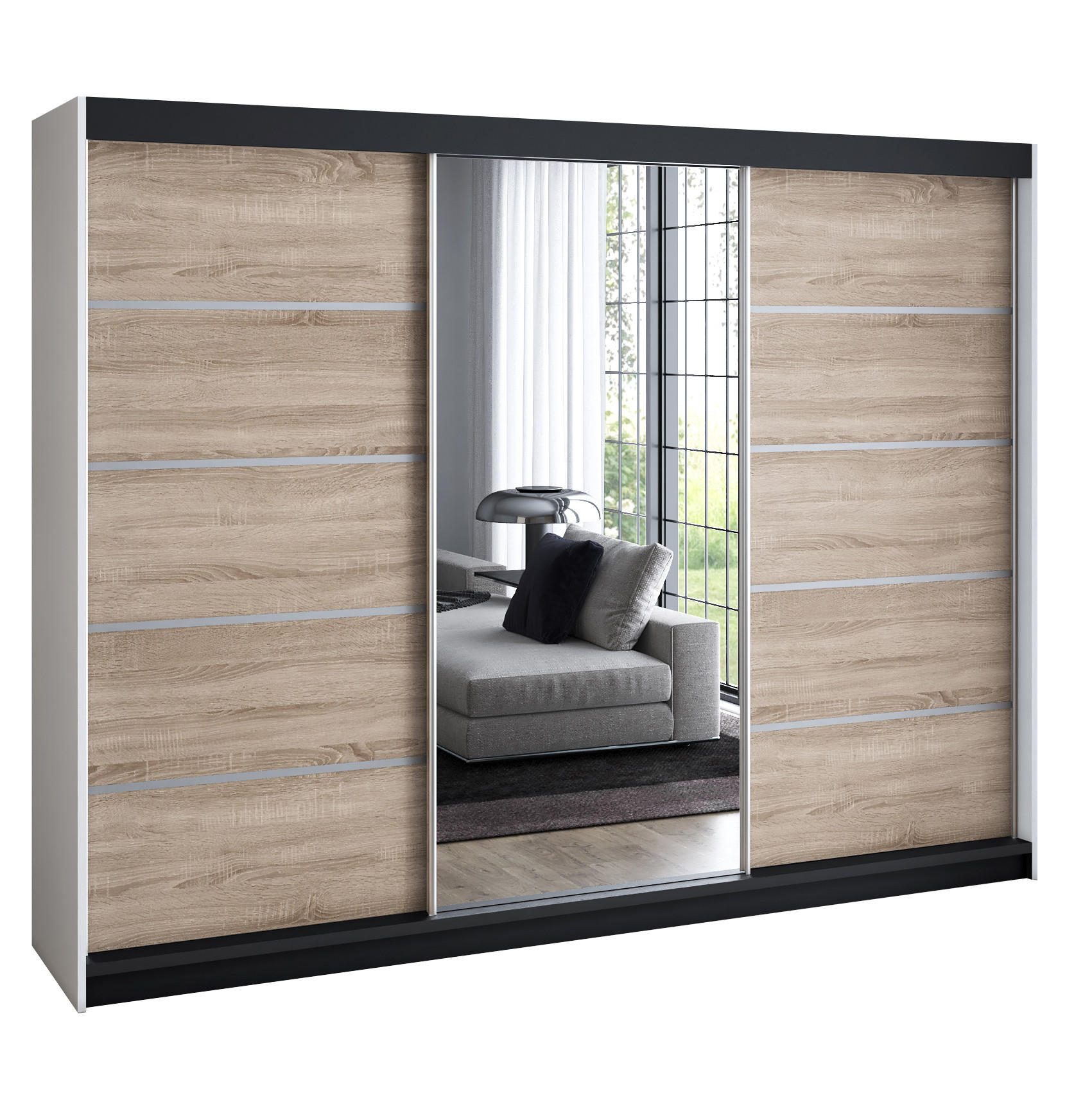 A&J MöbelLand Schwebetürenschrank Weiß, Braun, Braun 200x215x59.5 cm