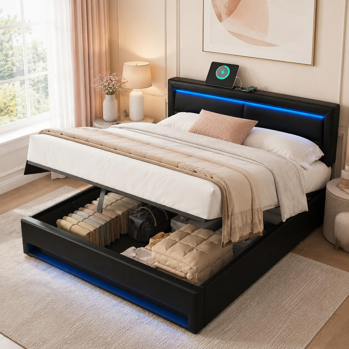 POLSTERBETT 140/190 mit Stauraum, LED und USB für kabelloses und kabelgebundenes Laden in Schwarz - Schwarz, Holzwerkstoff/Textil (140/190cm) - EVRYAE