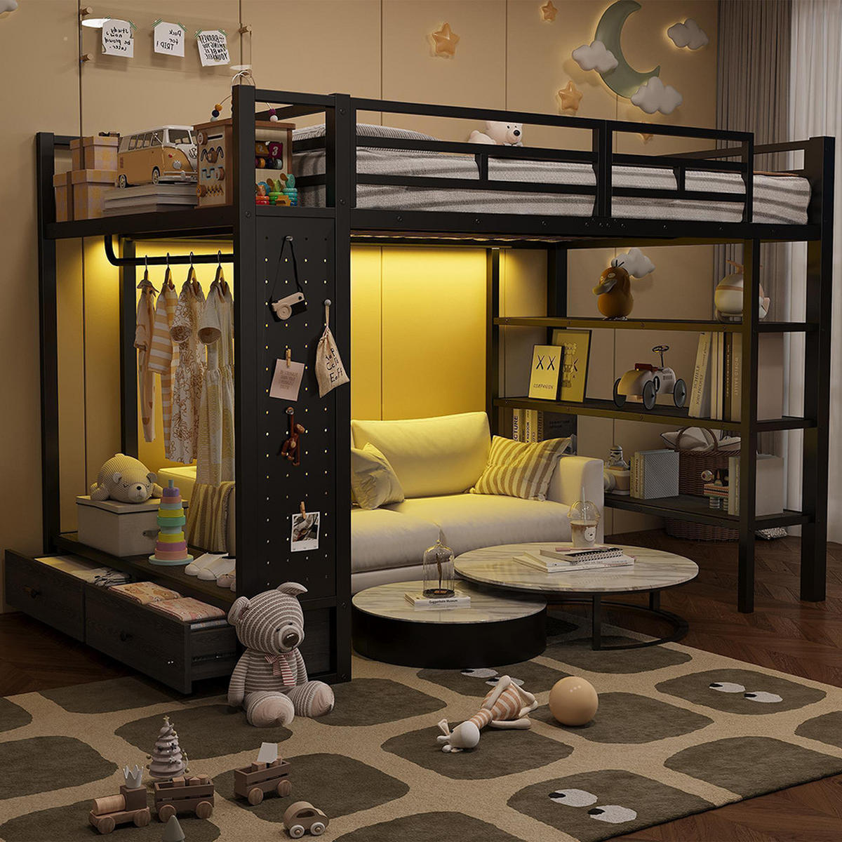 HOCHBETT 140x200 cm mit offenem Kleiderschrank, Lochwand und LED-Beleuchtung, schwarz - Schwarz, Metall (140/200cm) - KOMHTOM