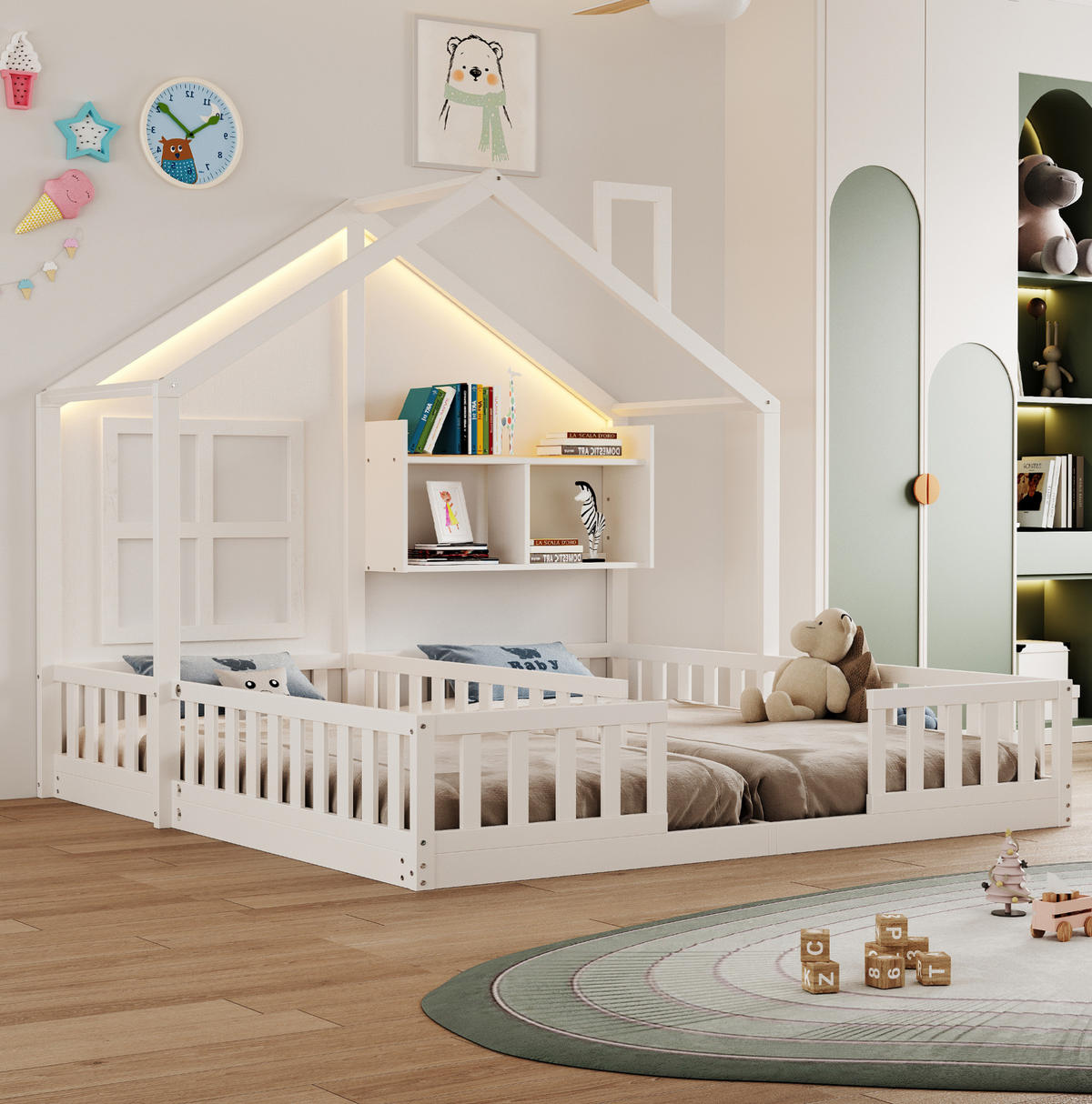 KINDERBETT 90/200 cm aus Holzwerkstoff mit LED-Beleuchtung, Hausdesign, Sicherheitsgitter und Ablagen, Weiß - Weiß, Holzwerkstoff (90/200cm) - Redom
