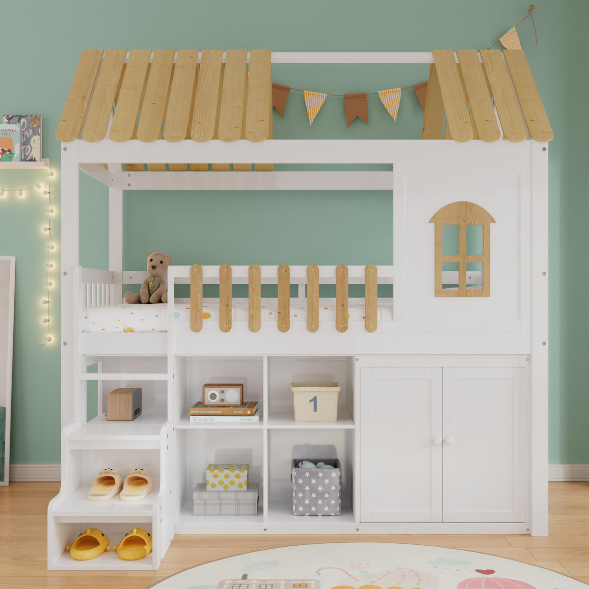 ETAGENBETT 90/200 cm in Weiß & Natur mit Regal, Schrank und Treppe - Weiß/Naturfarben, Holz/Holzwerkstoff (90/200cm) - WISHDOR