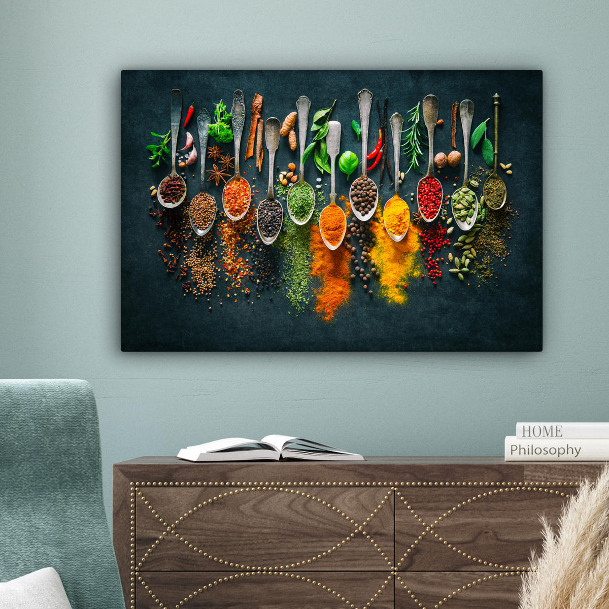 LEINWANDBILD Kräuter - Gewürze - Löffel Wanddeko 90x60 cm - Currygelb, Textil (90/60cm) - MuchoWow