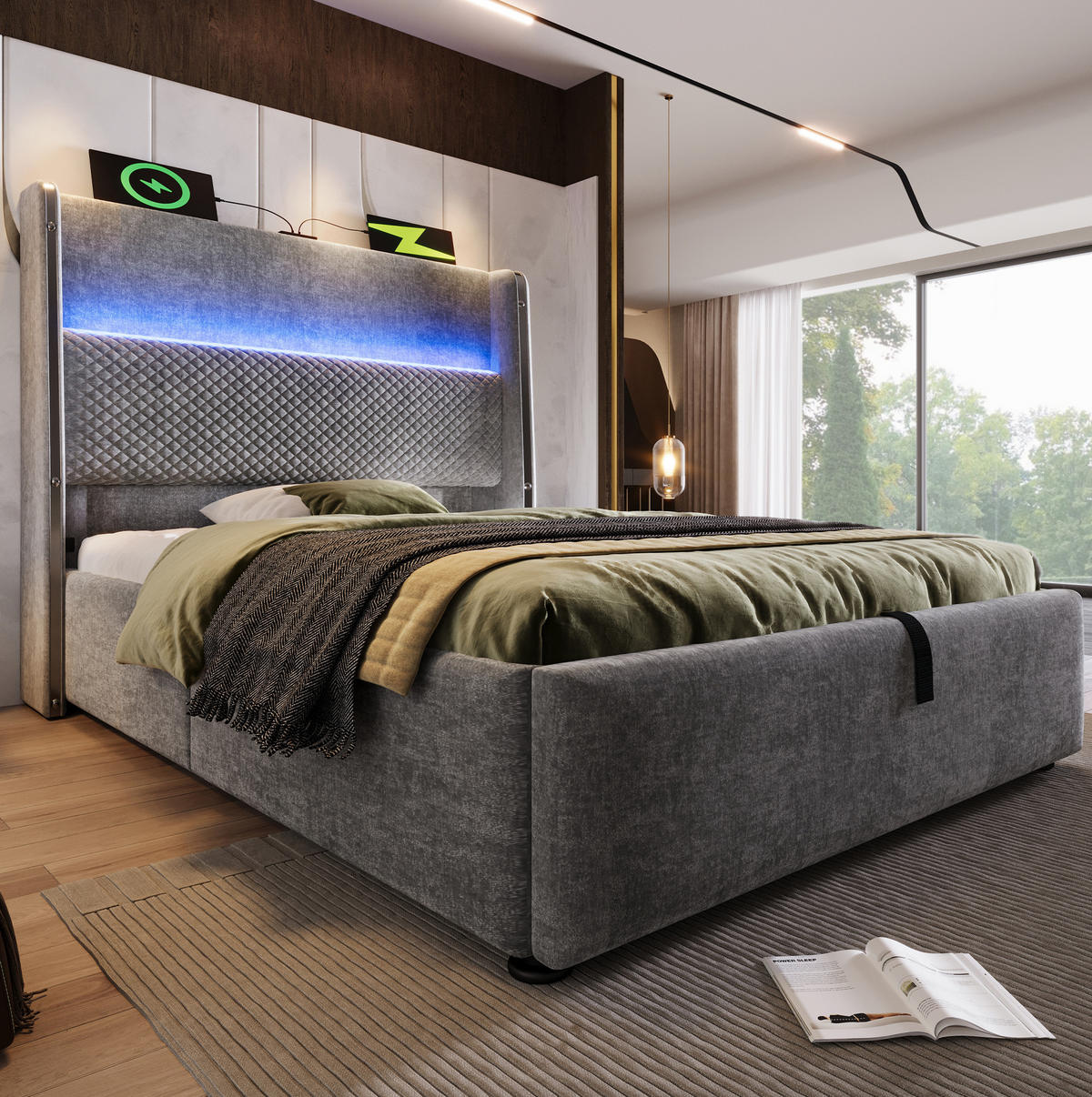 BETT 90/200 cm Grau mit hohem Kopfteil LED-Beleuchtung und Stauraum - Grau, Textil (90/200cm) - OKWISH