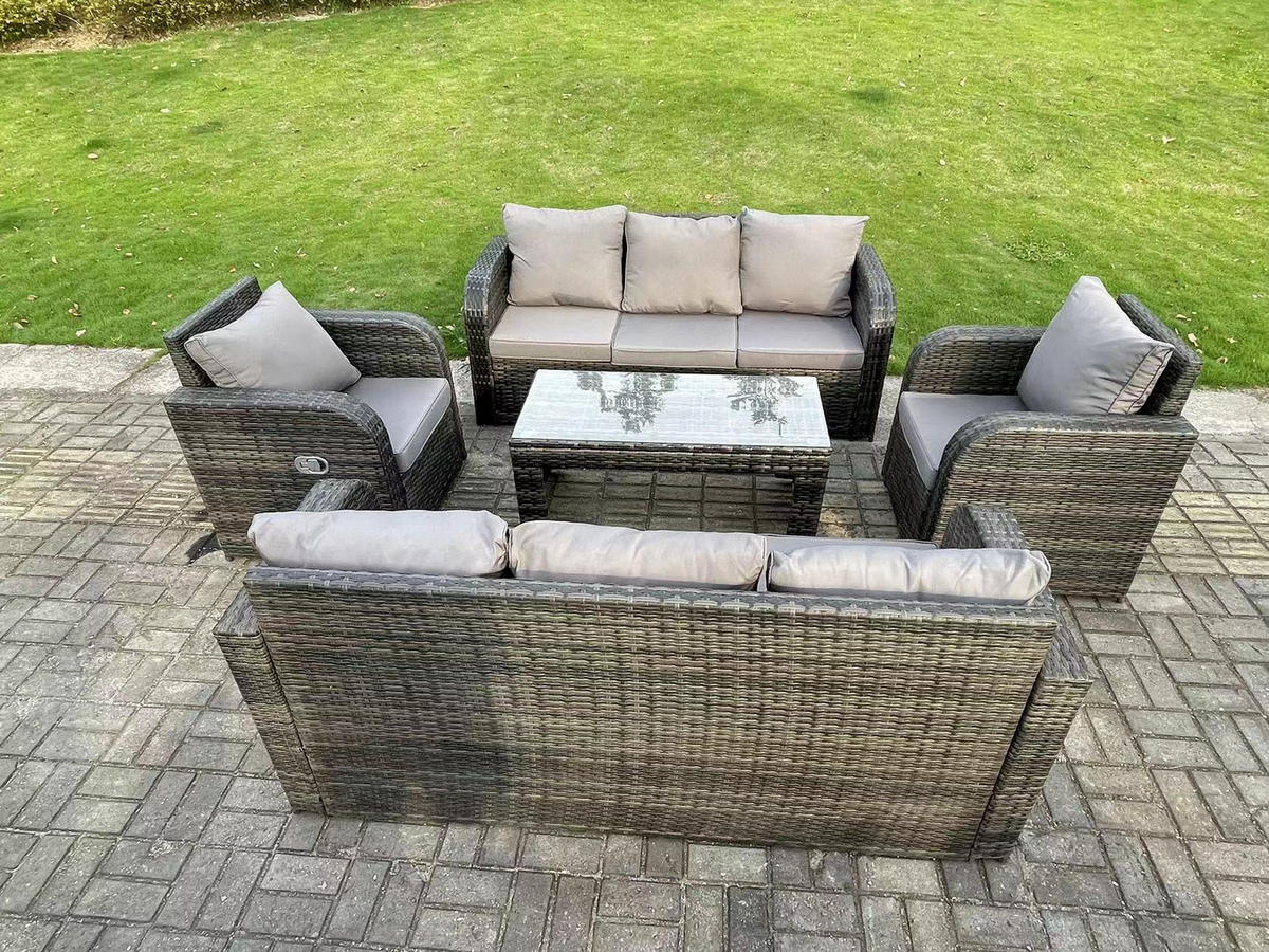 GARTENSOFA-SET MIT COUCHTISCH LOUNGE Polyrattan Patio 8-Sitzer - Dunkelgrau/Grau, Glas/Kunststoff - Fimous