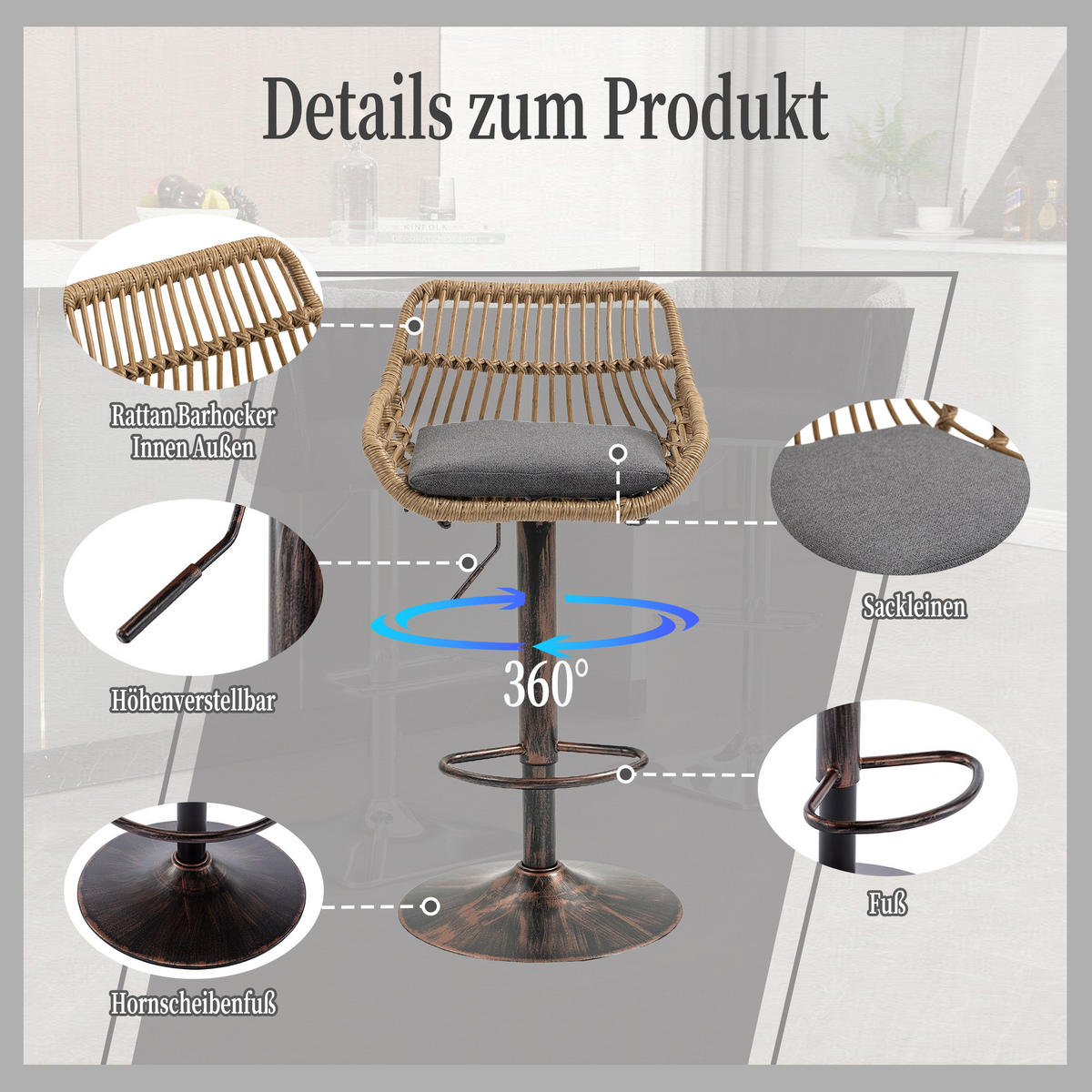 BARHOCKER 2er Set Höhenverstellbar, 360° drehbar, Fußstütze, Grau - Grau, Metall (49/109/48cm) - PARAFTA HOME