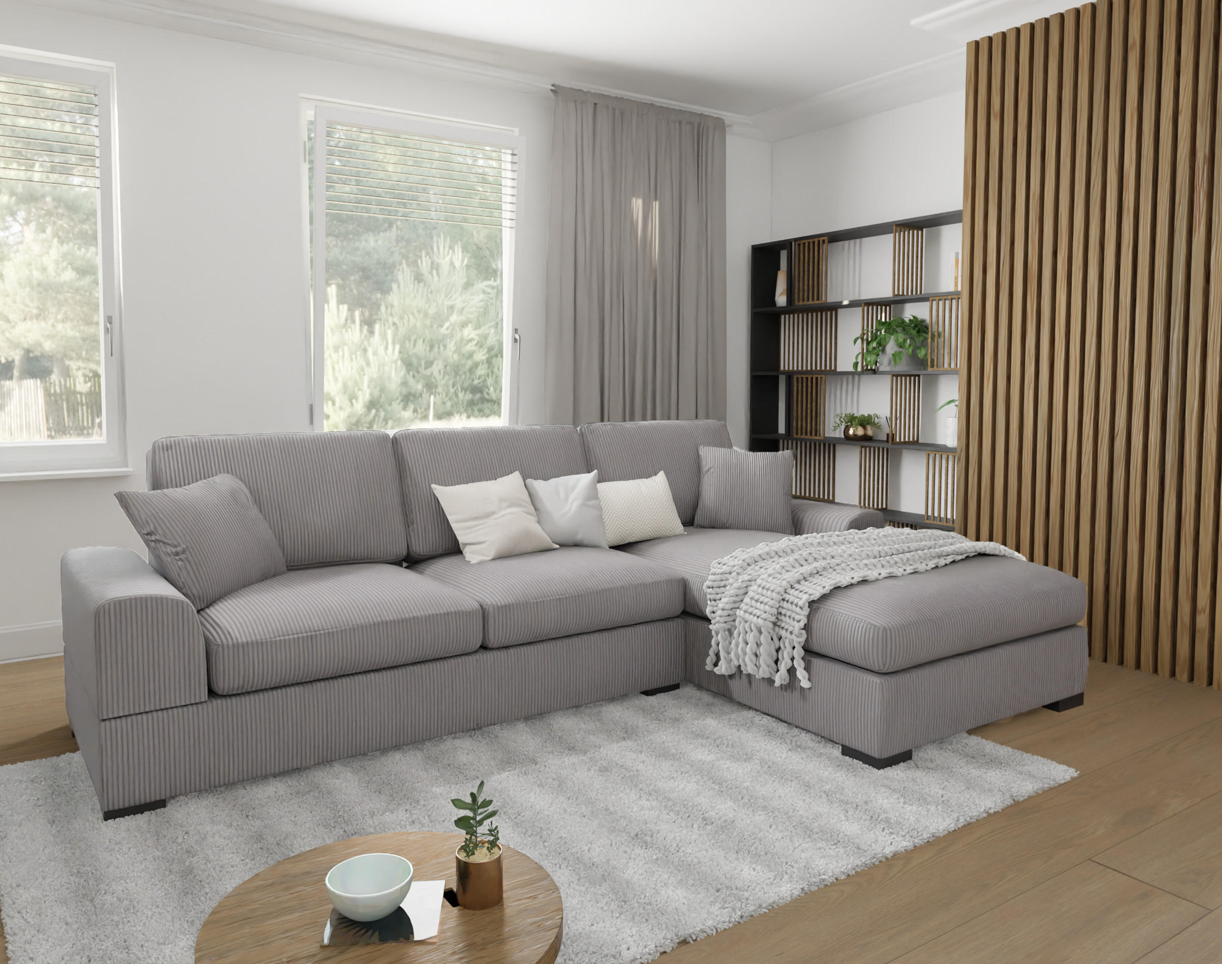 ECKSOFA Saga Hellgrau Cord - Hellgrau/Schwarz, Holz/Buchenholz (306/184cm) - S-Style Möbel