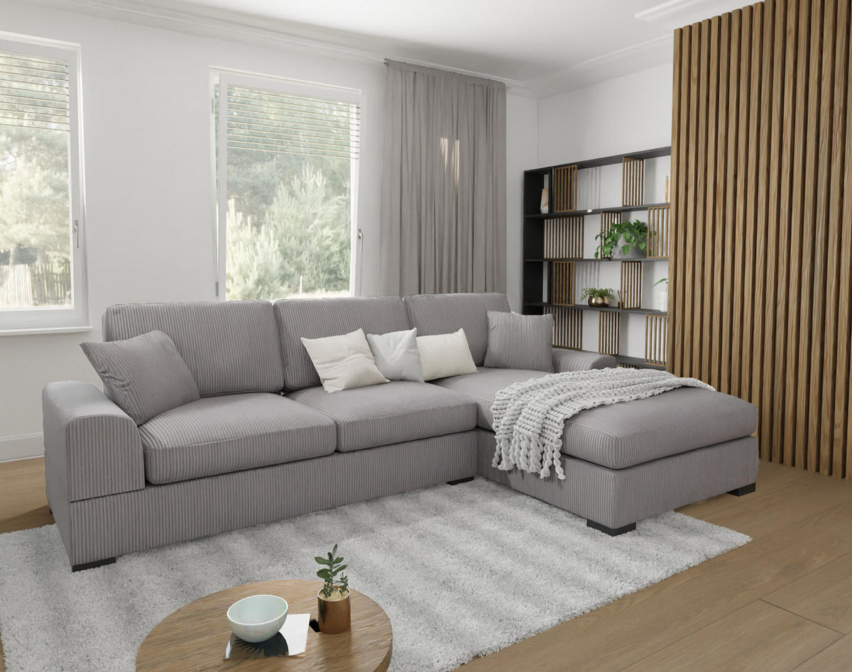 ECKSOFA Saga Hellgrau Cord - Hellgrau/Schwarz, Holz/Buchenholz (306/184cm) - S-Style Möbel