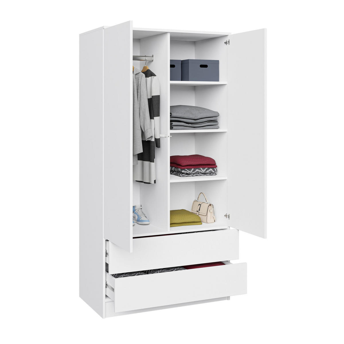 DREHTÜRENSCHRANK Look mit 2 Türen und Schubladen, 90 cm, Weiß - Weiß, Holzwerkstoff (90/180/50cm) - Beautysofa