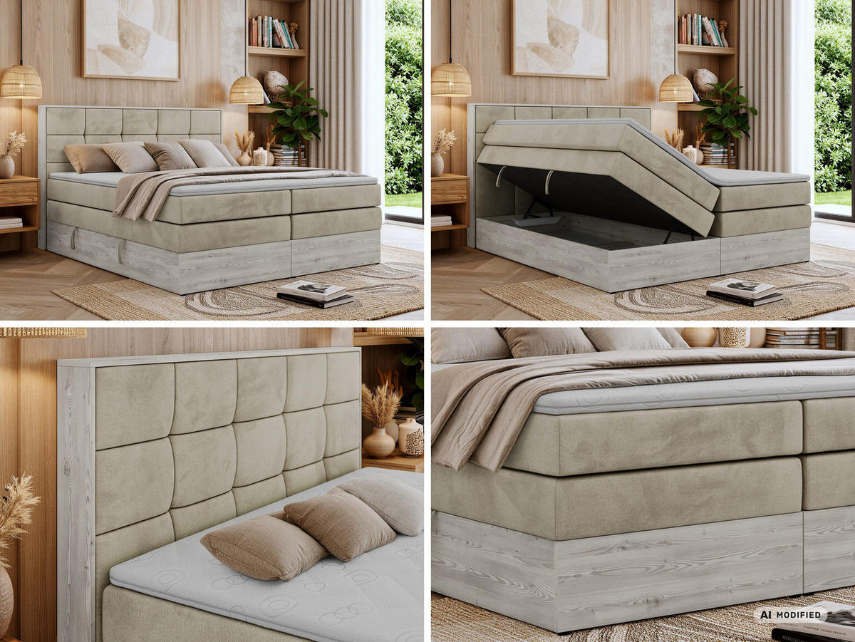 BOXSPRINGBETT ALNOR KING 160/200 - Beige Velvet - Topper T25 - H4 - Beige/Schwarz, Kunststoff/Textil (160/200cm) - MKS