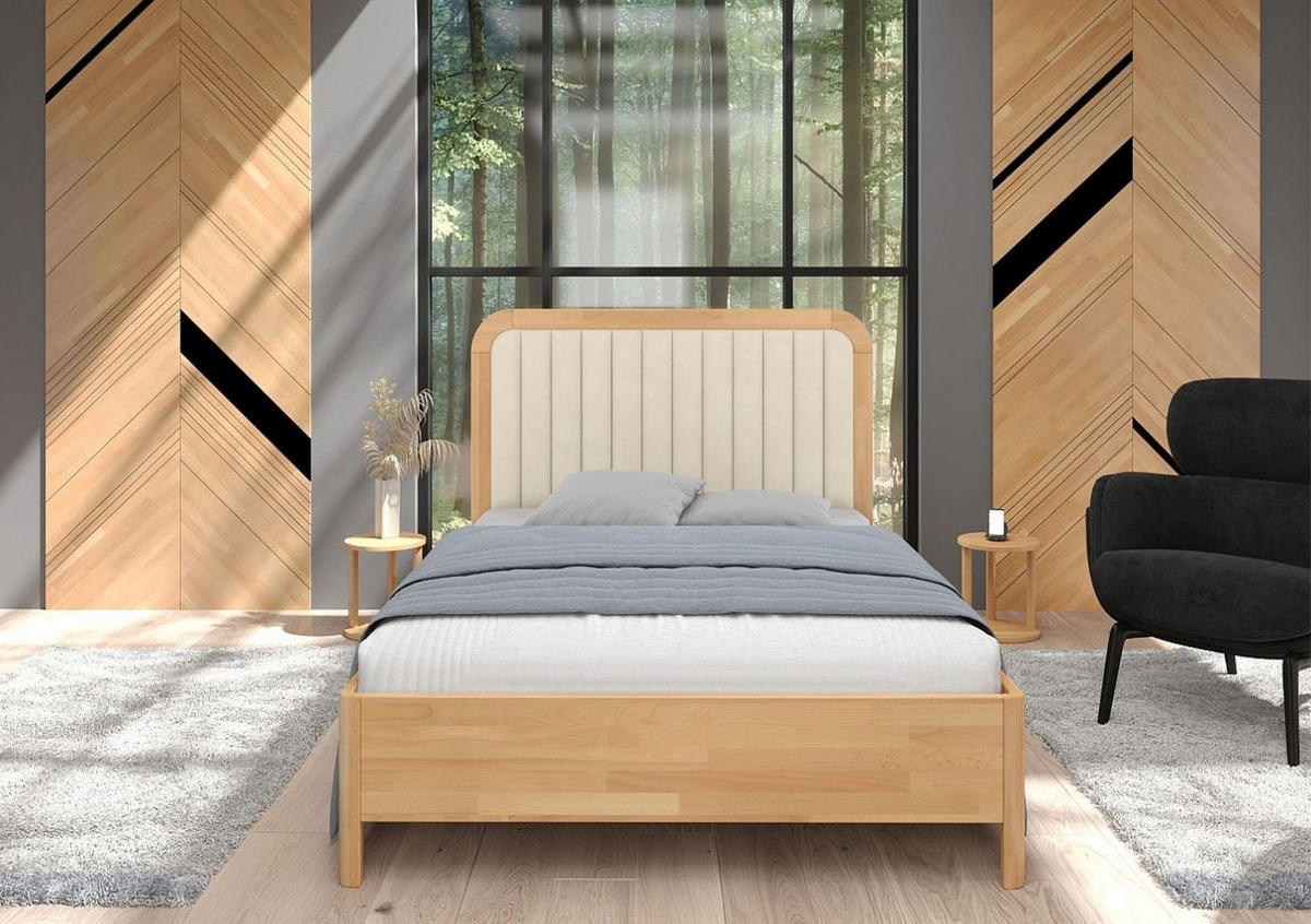 MASSIVHOLZBETT Modena, gepolstertes Kopfteil, Buche - lackiert, Naturfarben/Ecru, 160x200 - Ecru/Buchefarben, Holz/Buchenholz (160/200cm) - Visby