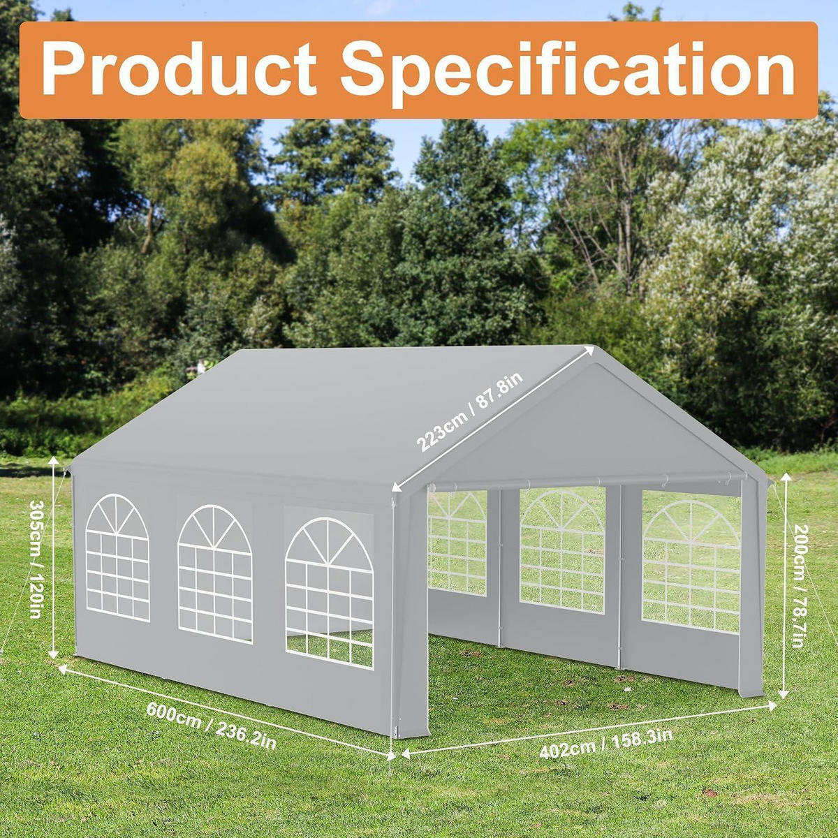 GARTENZELT 4 x 6 m Grau mit 4 Seitenwänden - Grau, Textil (400/223/600cm)