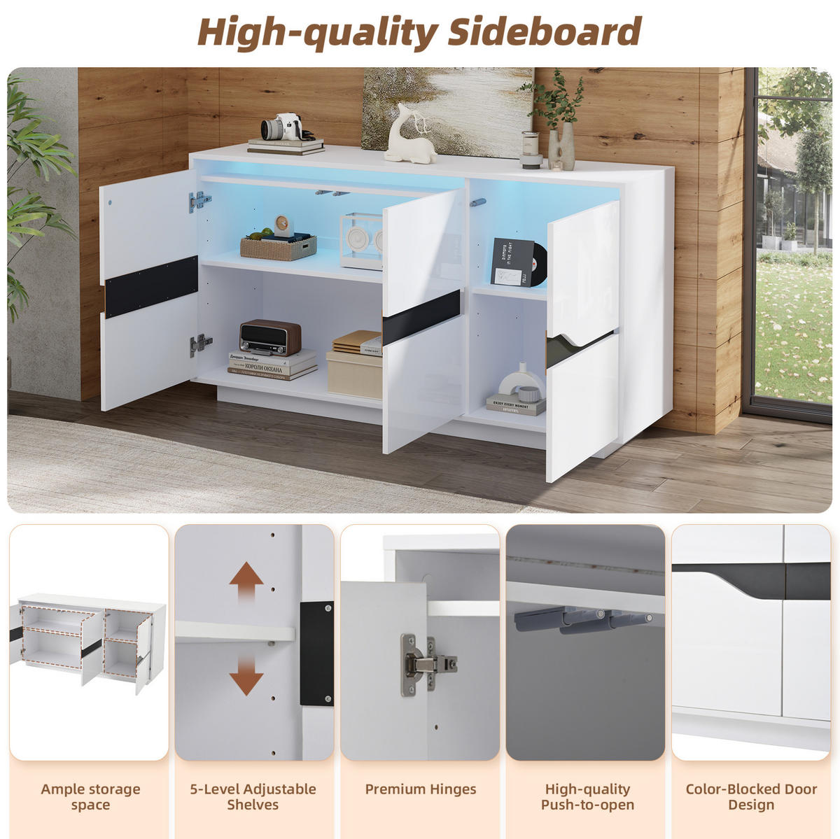 SIDEBOARD 140/40/70 cm weiß/schwarz aus Spanplatte mit LED und 3 Türen - Weiß, Holzwerkstoff (140/70/40cm) - OKWISH