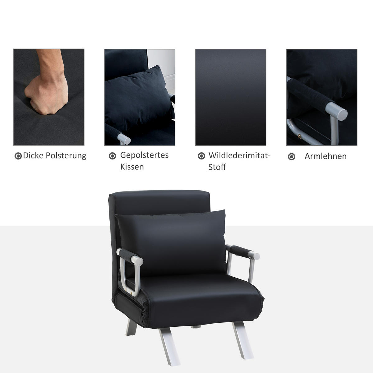 SCHLAFSESSEL, Polyester, Eisen, Schwarz - Schwarz, Kunststoff (77/80/65cm) - HOMCOM