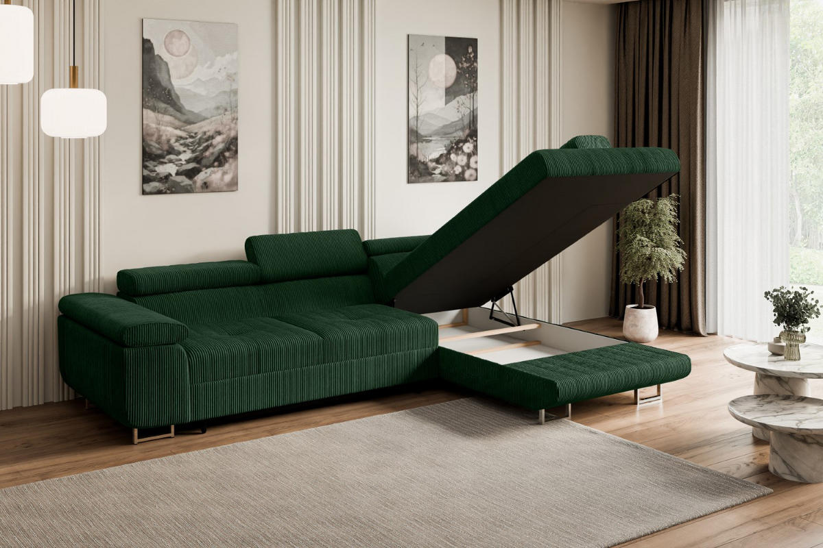 ECKSOFA mit Schlaffunktion und Bettkasten GUSA-L 272x202x107 cm Grün Cord - Silberfarben/Grün, Holzwerkstoff/Textil (272/202cm) - ALTDECOR