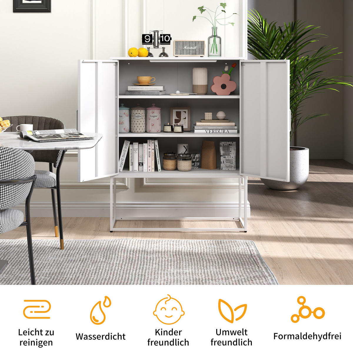 SIDEBOARD 85/40/109 cm, Metall, 2 Regale, magnetische Türen, Anti-Kipp-Sicherung, Weiß - Weiß, Metall (85/109/40cm) - Redom