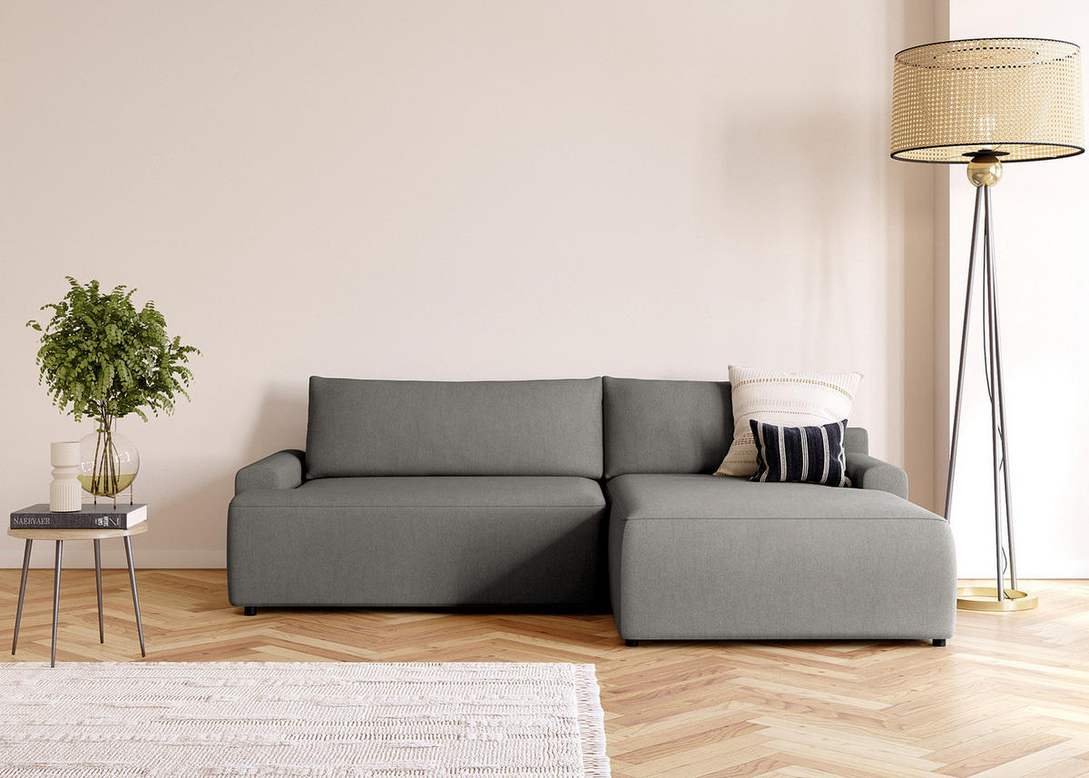 ECKSOFA mit Schlaffunktion - Longchair - Dunkelgrau/Schwarz, Kunststoff/Textil (253/167cm) - home24