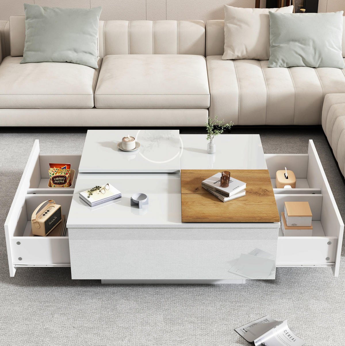 COUCHTISCH aus Spanplatte 75x75x33,5 cm in Weiß mit 4 Schubladen - Weiß, Holzwerkstoff (75/75/33cm) - Modfu
