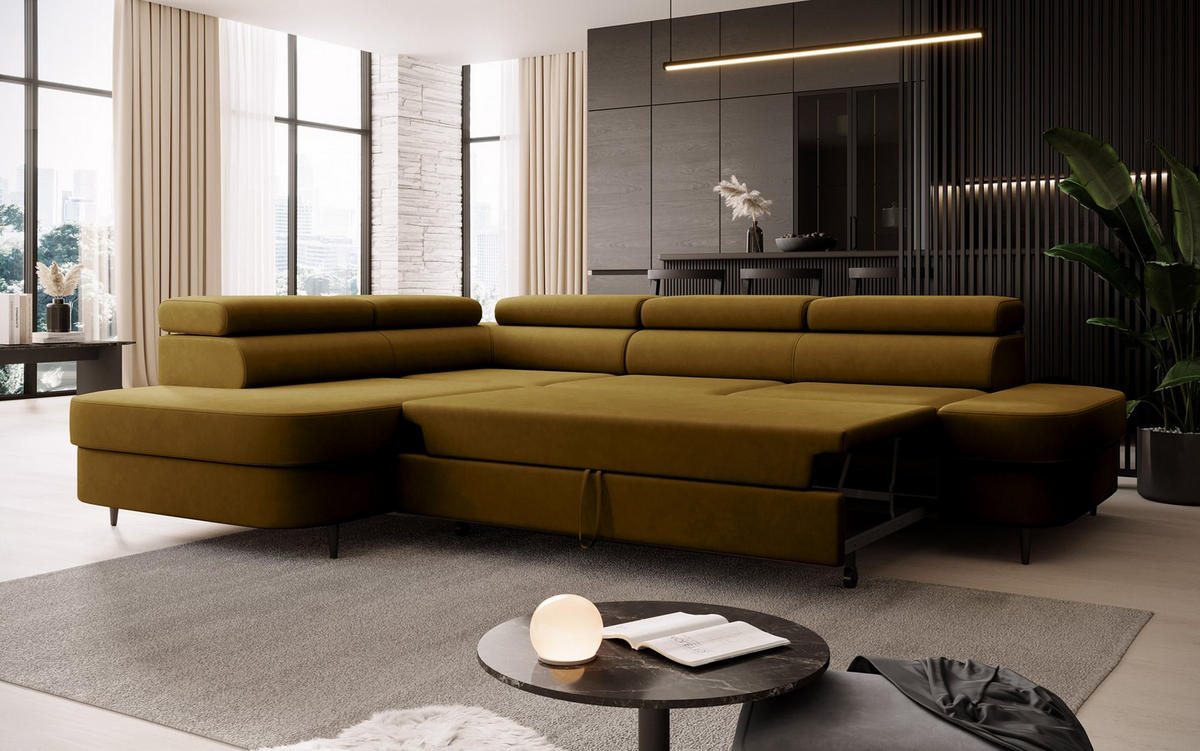 ECKSOFA Priam L-Form mit Schlaffunktion und Stauraum Modern Form Gold - Goldfarben, Holz/Textil (275/203cm) - Muffo