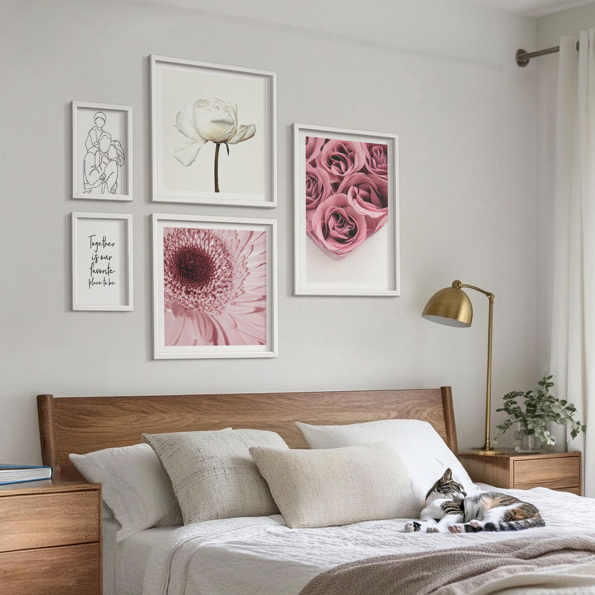 WANDBILDER 5er-Set - 50x50 cm & 20x30 cm & 40x60 cm Weißer Rahmen - Rosensträuße als Familienzeichnung - Weiß, Kunststoff (40/60cm) - ArtPrintCave