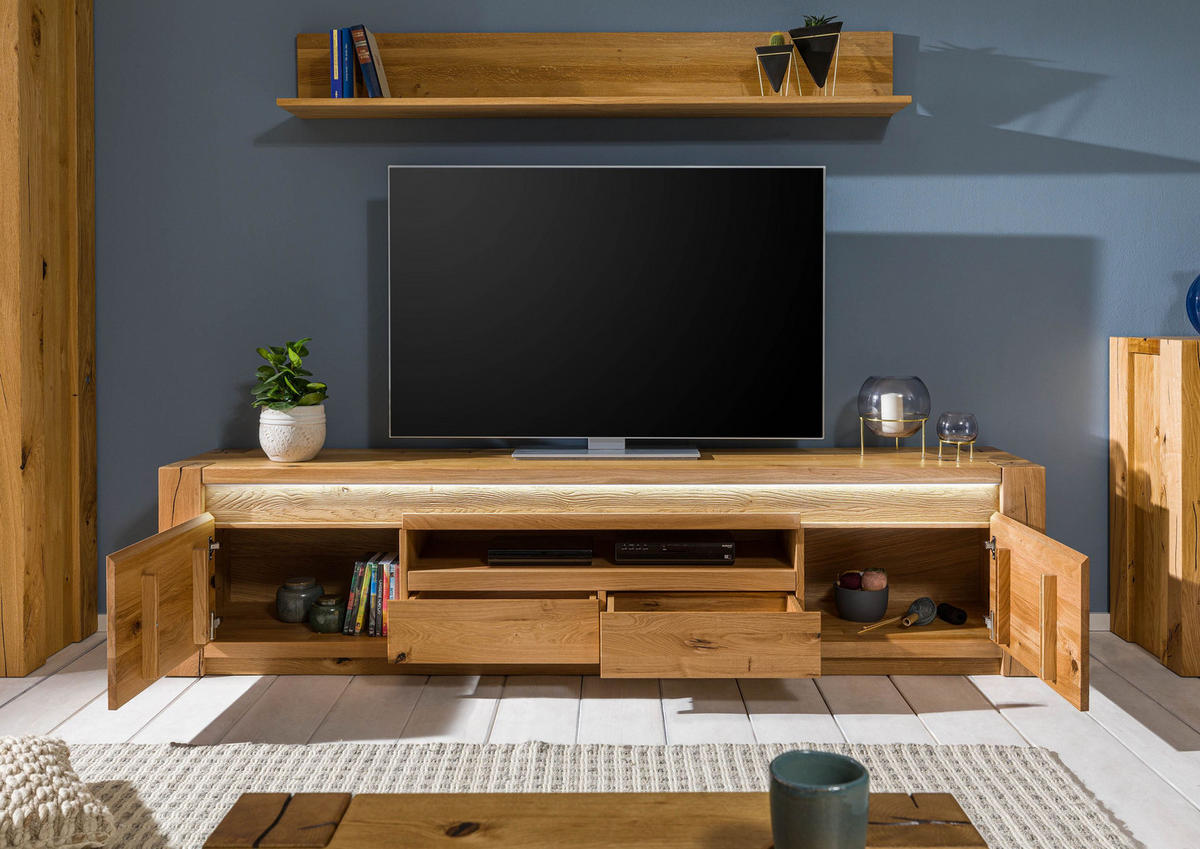 TV-BOARD Wildeiche 223x40x53 natur geölt KENT #132 - Hellbraun, Holz (223/53/40cm) - Massivmoebel24