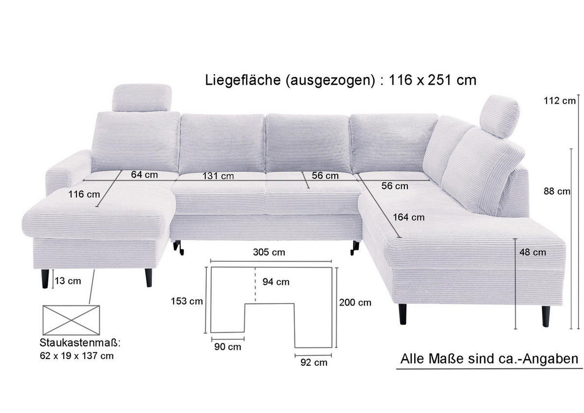 WOHNLANDSCHAFT mit Schlaffunktion Bettkasten Wellenunterfederung, 2 Kopfstützen, U-Form B305/T200/H88 cm, Cord Beige Grau / 17205 - Greige/Beige, Holz/Textil (305/88/200cm) - luma-home