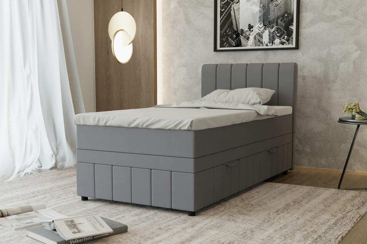 BOXBETT AVALON 100 x 200 cm mit Bettkasten und Topper - Dunkelgrau - Dunkelgrau, Holz - Panda Möbel