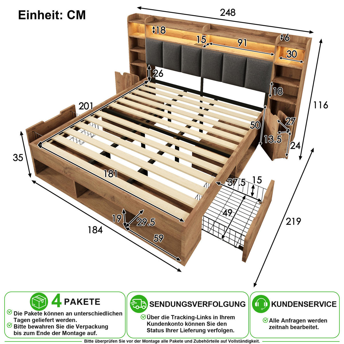 BETTANLAGE 180/200 cm in Eichefarben mit LED, USB und Stauraum - Eichefarben, Holz/Holzwerkstoff (180/200cm) - CHICFURN
