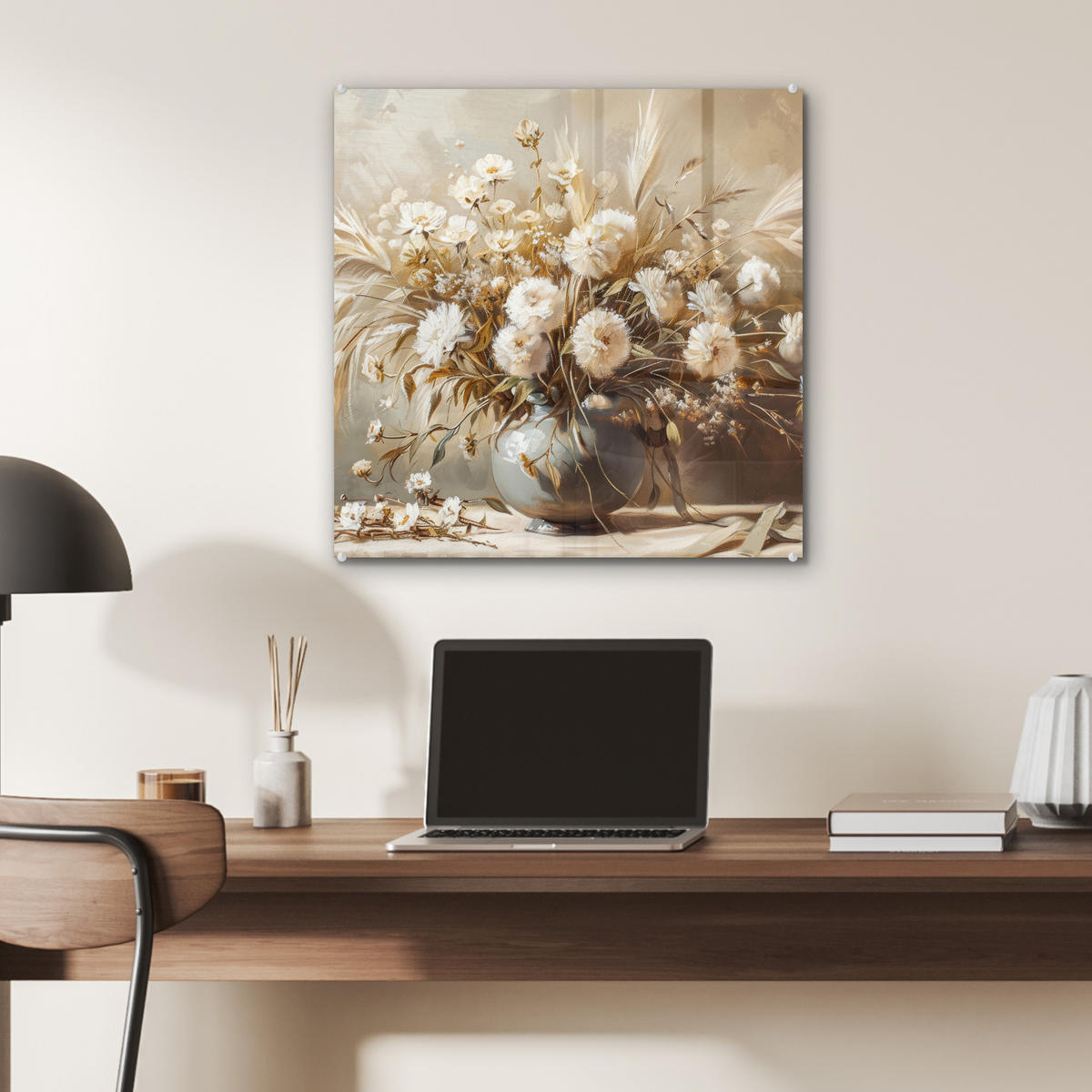 ACRYLGLASBILD Blumen - Vase - Stilleben - Beige 50x50 cm - Creme, Glas (50/50cm) - MuchoWow
