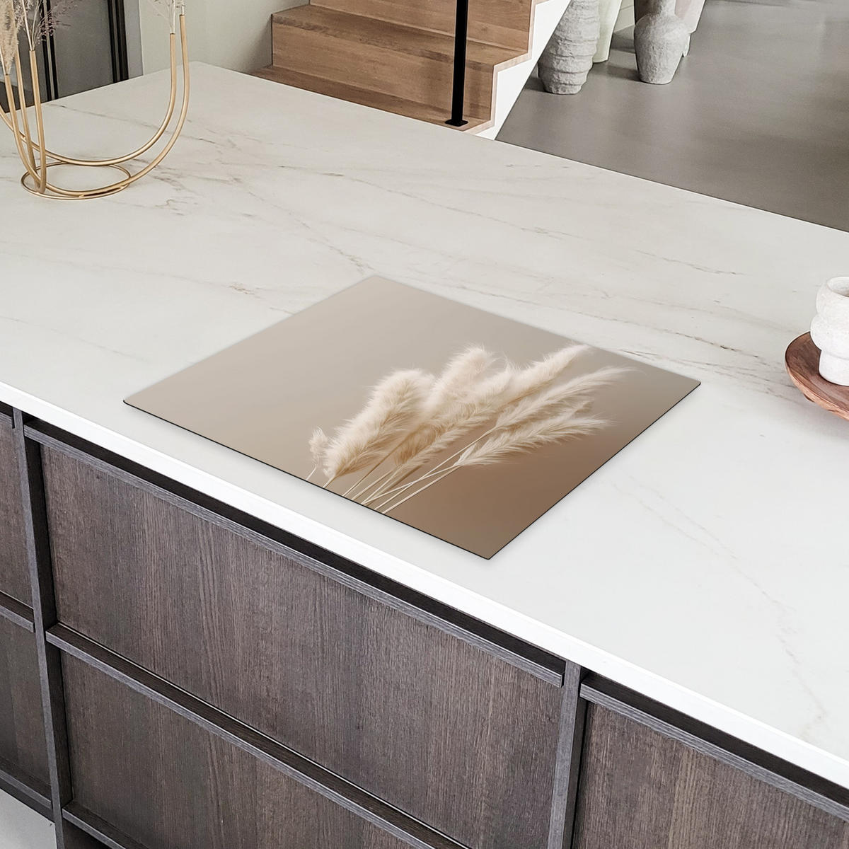 HERDABDECKPLATTE Pampasgras - Federn - Pastell - Weiß 65x52 cm - Creme, Kunststoff (65/52/0.2cm) - MuchoWow