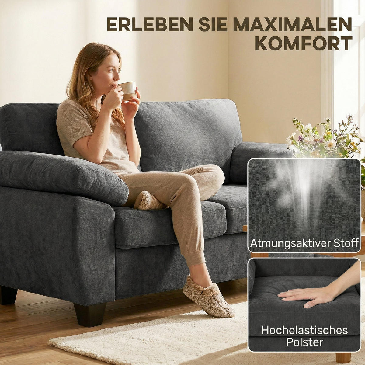 2-SITZER-SOFA DE-06598 156 cm dicke Federkernpolster, breite Armlehnen Dunkelgrau - Dunkelgrau, Holz/Textil (156/81/77cm) - ComfortXL