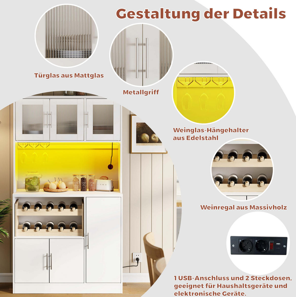 KÜCHENSCHRANK mit LED und Steckdose 100 x 40 x 180 cm MDF Weiß - Weiß, Holzwerkstoff (40/180/100cm) - Meubliv
