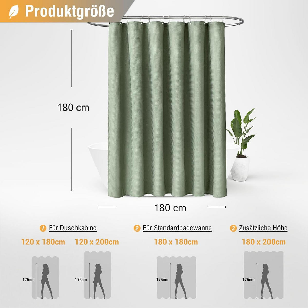 DUSCHVORHANG Grün Waffelstruktur Polyester langlebig schimmelresistent waschbar mit Haken Luxus modern - Grün, Textil (183/183cm) - MCBOSON