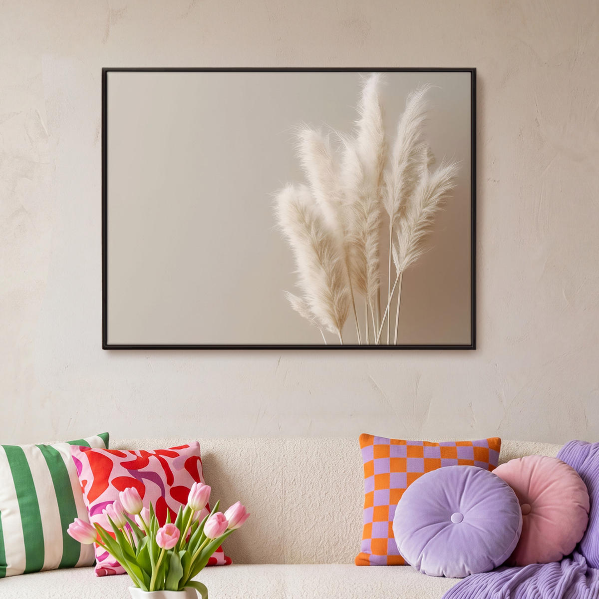 LEINWAND Bilder mit Rahmen - Pampasgras - Federn - Pastell - Weiß - 100x70 - Naturfarben, Textil (100/70cm) - MuchoWow