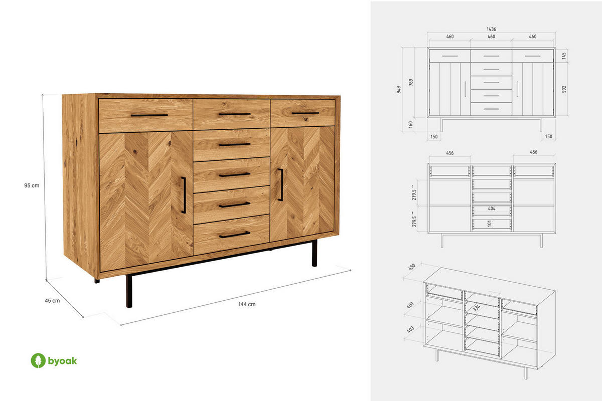 KOMMODE BREIT LEON Kernbuche - Kernbuche, Holz (144/95/45cm) - byoak
