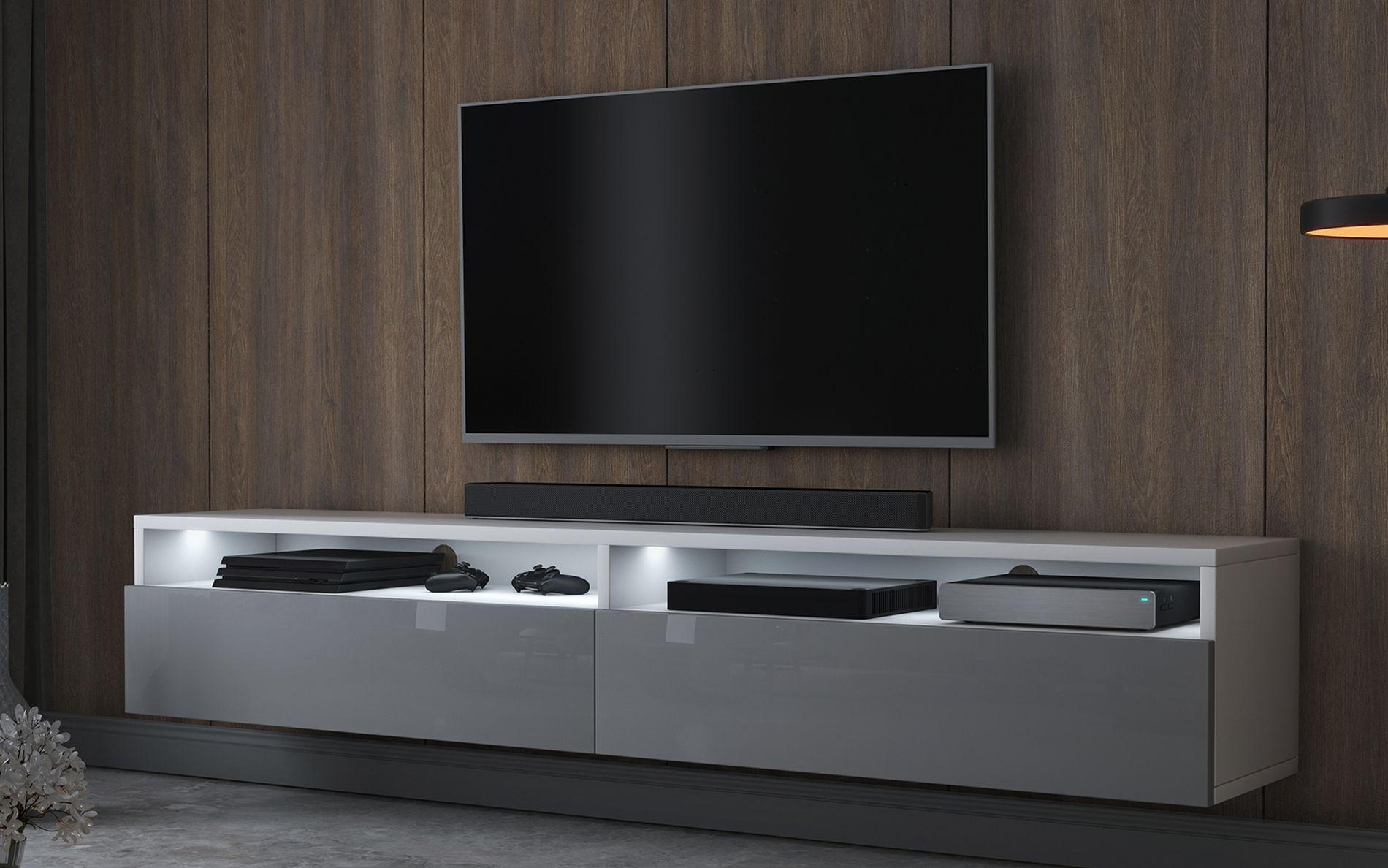 TV-LOWBOARD Rednaw Weiß Matt/Grau Hochglanz mit LED, 180 cm - Weiß/Grau, Holzwerkstoff (180/30/31cm) - Selsey