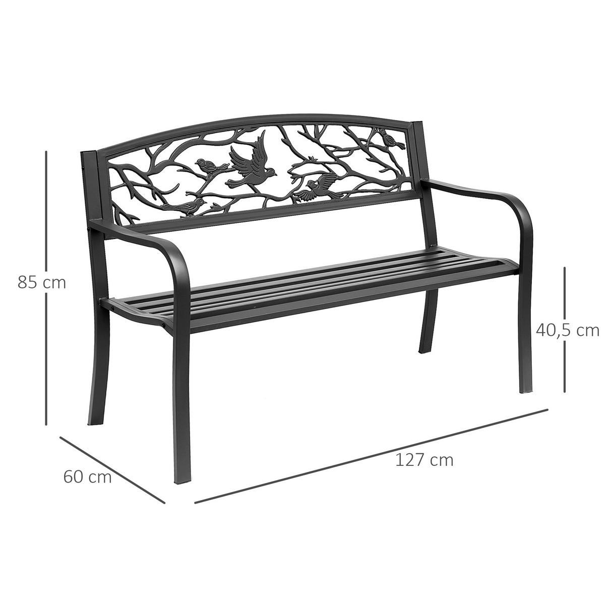 GARTENBANK DE-17749 3-Sitzer mit Vogelmotiv im Rural-Chic Schwarz - Schwarz, Metall (127/85/60cm) - ComfortXL